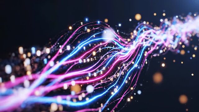 Abstract digital visualization of data streams with neon blue and pink trails, binary code