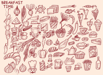 Hand drawn breakfast doodles set. Vector illustration of food and coffee icons in chalk, crayon drawing style for invitations, menus, parties. Minimalist line art. La dolce vita italian style
