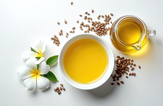 Golden yellow tea seed oil in white ceramic bowl, clear glass jug. Dried camellia seeds, fresh plumeria frangipani flowers scattered on white background. Natural plant extract healthy for cooking