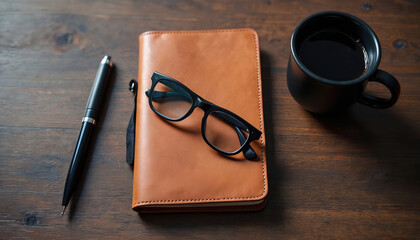 Overhead photo of workspace with leather notebook glasses pen and coffee cup. Simple desk setting for business planning and office routine. Top view arrangement concept.