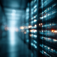 Server room data center with glowing lights and bokeh effect background