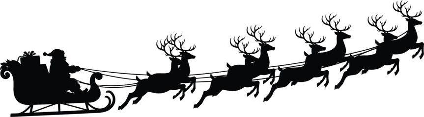 Silhouette of santa claus and his reindeer pulling sleigh through the sky