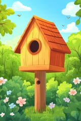 selective focus colorful garden with wooden birdhouse