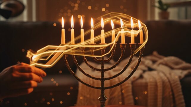 Long exposure photograph of a Menorah being lit with light trails photo