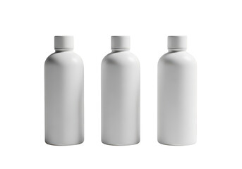 Three identical white minimalist bottles for product packaging mockup template isolated on transparent background
