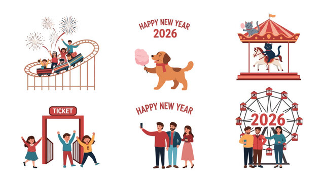 New Year's Celebration Fun: A collection of joyful illustrations depicting diverse people celebrating the New Year in various festive scenes, including roller coasters, amusement park rides.