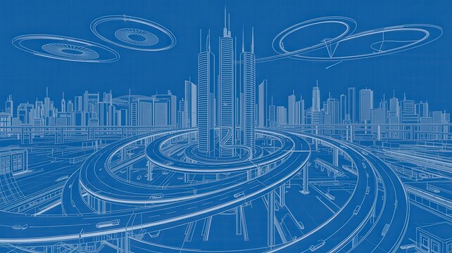 Blueprint of a futuristic city with soaring skyscrapers and elevated highways conveys innovation and forward-thinking urban planning for architecture and design