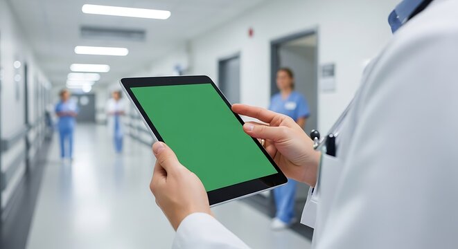 Doctor holding tablet with green screen in hospital hallway for advertisement usage
