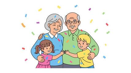 Generations of love and celebration: A heart warming illustration of a family surrounded by confetti ,representing joyful moments.