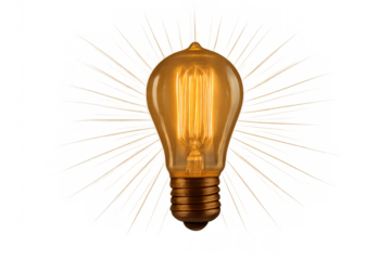 Glowing vintage light bulb radiating ideas and innovation on transparent background, symbolizing creativity and inspiration