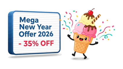 Mega New Year Offer with Ice Cream: A vibrant illustration showcasing a tempting ice cream cone, adorned with colorful scoops, confetti, and an enticing New Year offer.