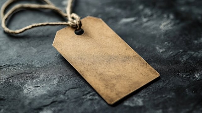 Rustic brown blank tag with twine string rests on dark textured surface creating a versatile backdrop for branding, product, or gift applications, ready for your custom message.