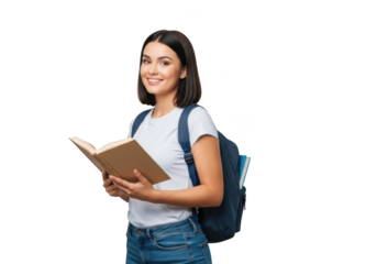 Young woman with backpack holding open book smiling happily isolated on transparent background