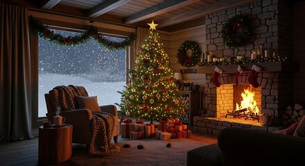 Warm winter cabin Christmas tree and roaring fireplace