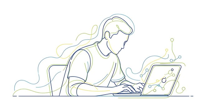 Abstract Vector Line Art of Man Working on Laptop, Modern One Continuous Line Drawing on Minimalist Background