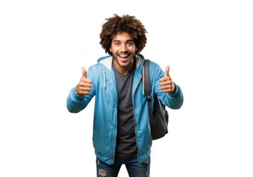 Excited young man with curly hair and a backpack gives two thumbs up gesture with a big smile isolated on transparent background