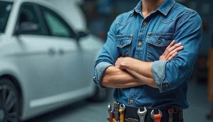Car mechanic stands with arms crossed wearing denim shirt and tool belt in garage. White auto vehicle behind him. Expertise automotive service and repair.