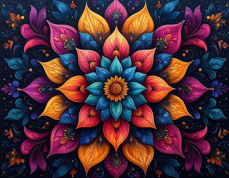 Symmetrical floral design showcasing a central, radiant flower with layers of petals radiating outwards, rich in jewel-toned colors - Powered by Adobe