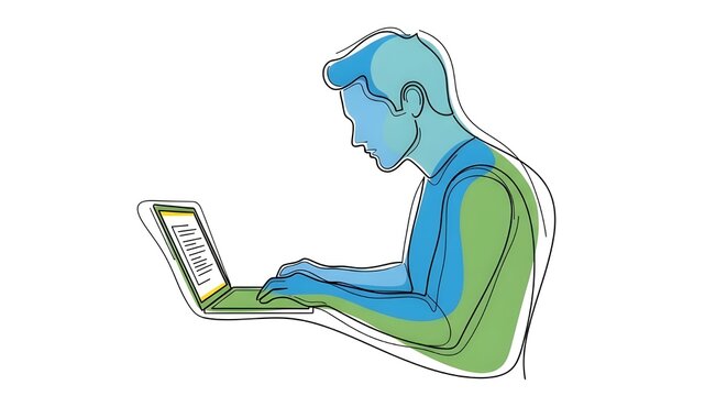 Abstract Vector Line Art of Man Working on Laptop, Modern One Continuous Line Drawing on Minimalist Background