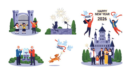 New Year 2026 Celebration Collection: a collage of six scenes celebrating New Year 2026 with different illustration themes and characters. Capture the joyous and festive spirit of new year 2026.