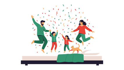 Family Celebration on Bed: A joyous family, including parents and children, celebrate by jumping on a bed while confetti rains down, creating a festive atmosphere of togetherness and fun.