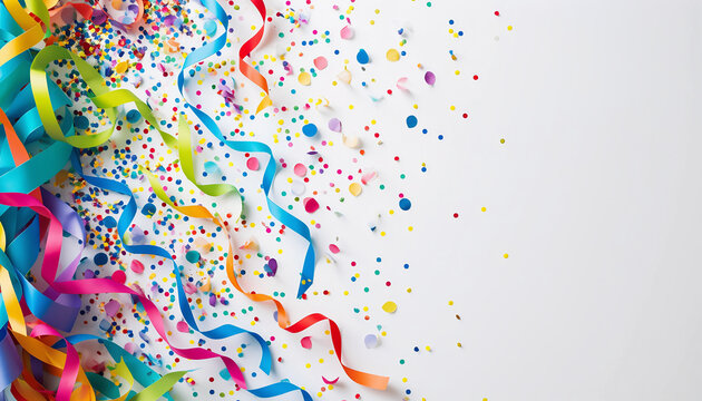 Colorful confetti and festive ribbons scattered on a white background, evoking a vibrant party celebration