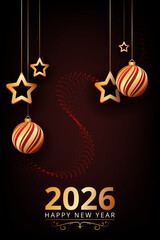 Happy new year 2026 holiday poster background with xmas balls and stars ornaments