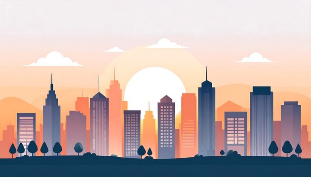 A skyline of skyscrapers with trees, the sun and clouds - Powered by Adobe