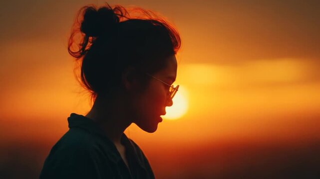 Woman silhouetted against a vibrant sunset with glasses