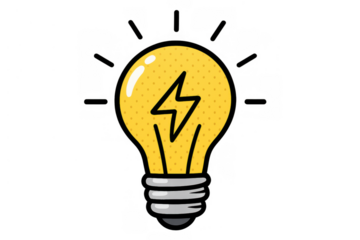 Yellow cartoon light bulb with lightning bolt illuminating a new idea, creativity, and innovation concept symbol illustration