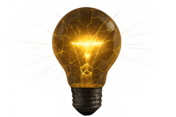 Glowing light bulb with a broken glass exterior emitting light, symbolizing emerging innovation, brainstorming, and new ideas on a transparent background