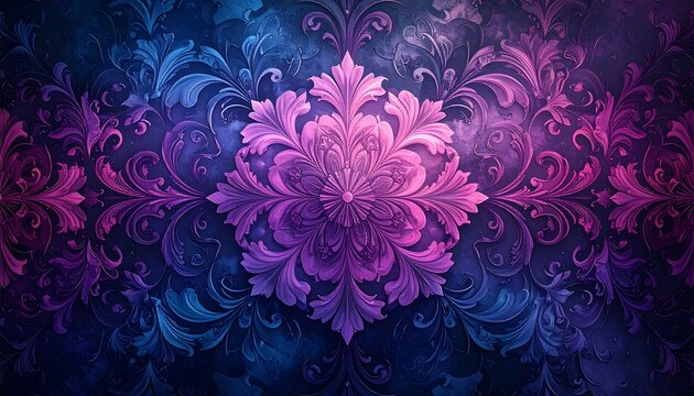 Symmetrical floral design with a central rosette, featuring ornate scrolling patterns and gradient shades of purple and blue