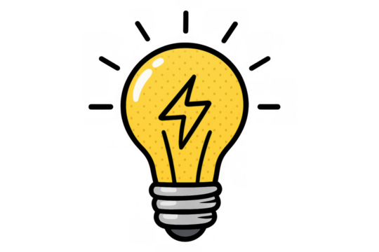 Yellow cartoon light bulb with lightning bolt illuminating a new idea, creativity, and innovation concept symbol illustration