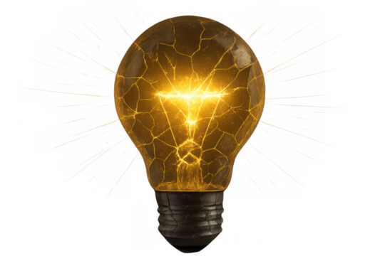 Glowing light bulb with a broken glass exterior emitting light, symbolizing emerging innovation, brainstorming, and new ideas on a transparent background