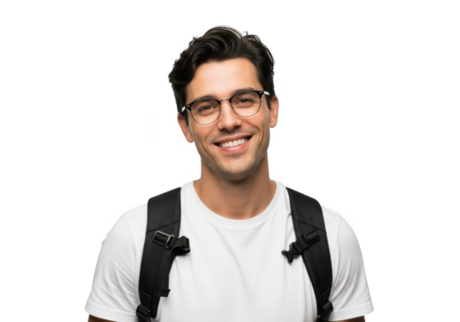 Smiling young man wearing glasses and a white t shirt with a backpack isolated on transparent background