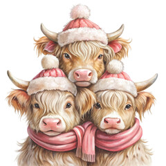 three cute highland cows stacked on top of each other clipart white background 