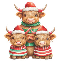 three cute highland cows stacked on top of each other clipart white background 