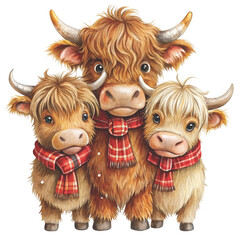 three cute highland cows stacked on top of each other clipart white background 