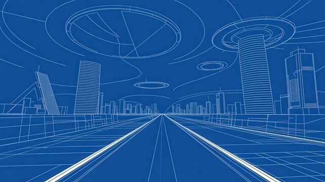 Blueprint of a modern city skyline with futuristic buildings and open road, perfect for urban planning and architectural concepts, design and engineering