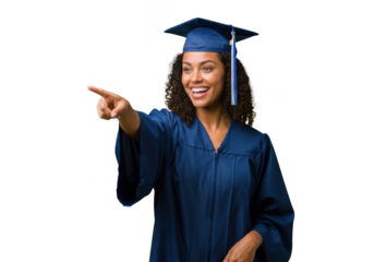 Joyful young woman wearing a graduation cap and gown pointing to the side with a smile isolated on transparent background