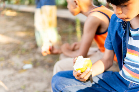 Boy eating healthy apple during park break