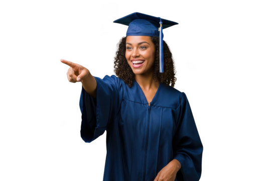 Joyful young woman wearing a graduation cap and gown pointing to the side with a smile isolated on transparent background