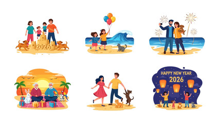 Joyful Moments: A collection of illustrations captures the essence of life's precious moments, from building sandcastles to celebrating new beginnings, showcasing togetherness and happiness.