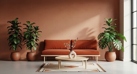 Serene modern living room featuring a terracotta couch, abundant greenery, and warm natural light creating a tranquil, inviting atmosphere for relaxation and style.