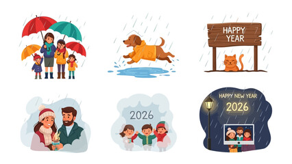 Illustrated Happy New Year: A vibrant collection of illustrations capturing the joy and warmth of New Year celebrations with families, pets, and festive settings.