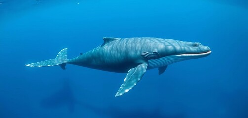Naklejka premium Majestic whale gliding through deep azure ocean, natural habitat, deep sea