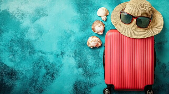 Ready for an unforgettable getaway, this vibrant pink suitcase, straw hat, and sunglasses await your next beach adventure, promising sun-drenched relaxation and coastal exploration.