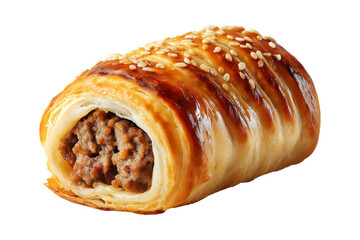 Australia sausage roll with golden puff pastry and meat filling, isolated on white transparent background, concept of baked snacks