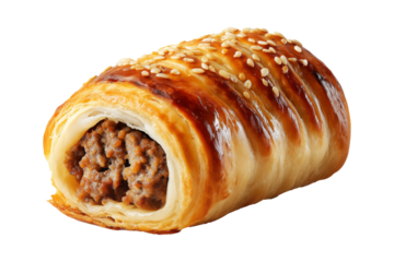 Australia sausage roll with golden puff pastry and meat filling, isolated on white transparent background, concept of baked snacks