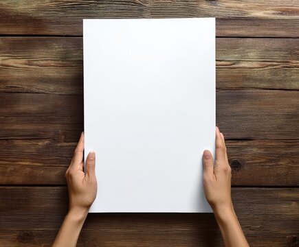 A pair of hands holds a blank sheet of paper against a wooden background, suggesting creativity or a call to action for ideas. - Powered by Adobe